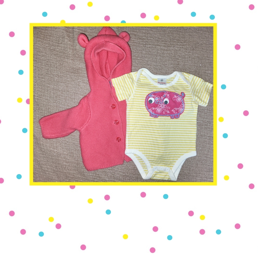 Pink Knit Gap Jacket and Hanna Andersson Pig Onsie, 3-6 Mos
